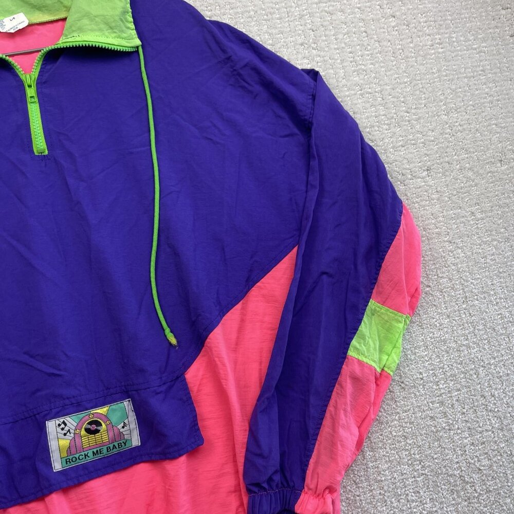 VTG "Rock me Baby" Patch Windbreaker Jacket Sz L Colorblock 90 Neon Bright Retro - Picture 4 of 16